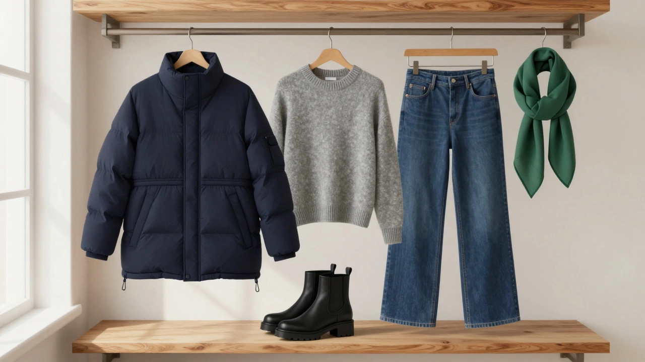 Минималистичная композиция зимнего гардероба 2024: пуховик, свитшот, брюки, ботильоны и шарф-платок без логотипов.
