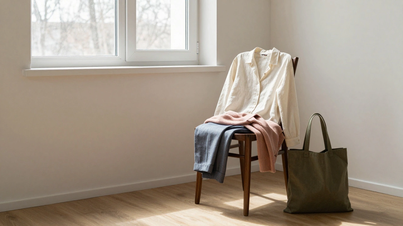 Минималистичный интерьер: кремовая блузка, серо-голубые брюки и оливковая сумка на деревянном стуле в утреннем свете.