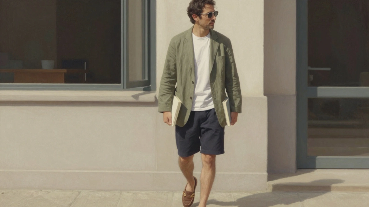 Мужчина в оливковом пиджаке без брюк и белой футболке, идущий мимо здания с книгой в руке.