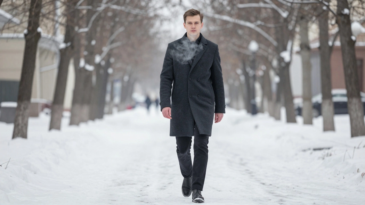 Мужчина в сером шерстяном пальто идет по снежной улице, минимализм в деталях, без аксессуаров.