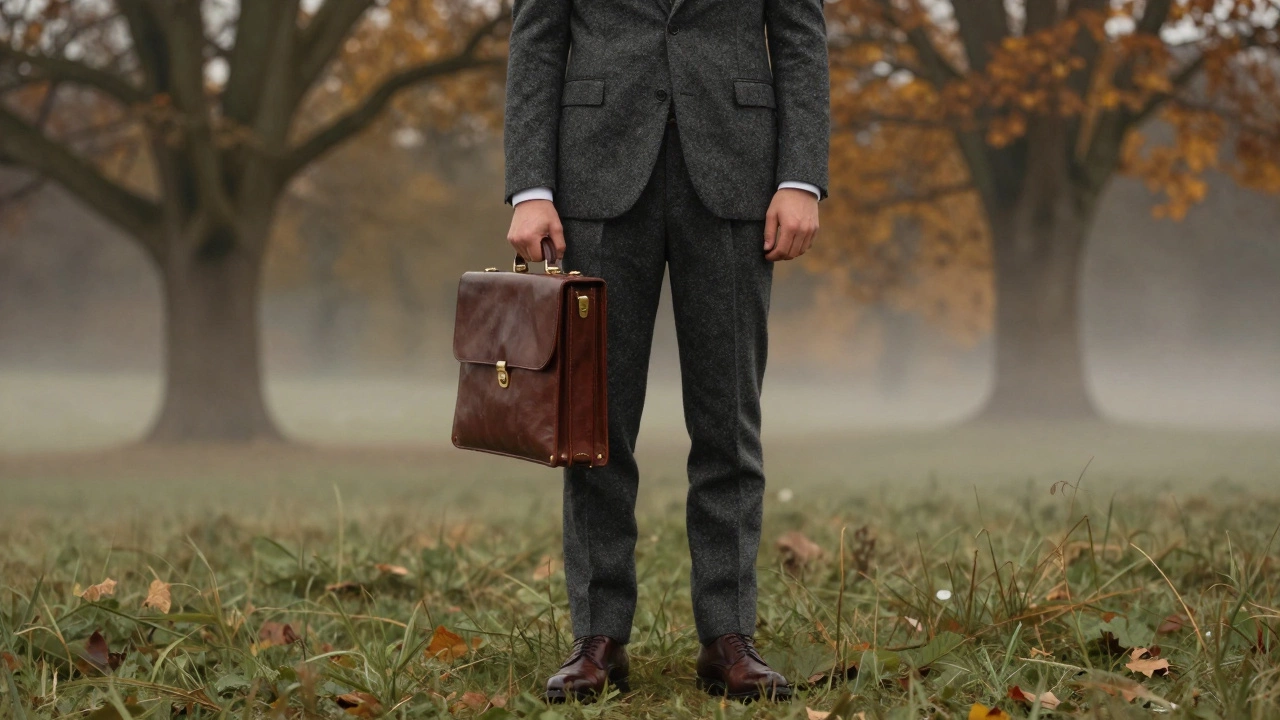 Мужчина в сером твидовом костюме без галстука на загородной свадьбе, держит портфель и туфли с рифленой подошвой.
