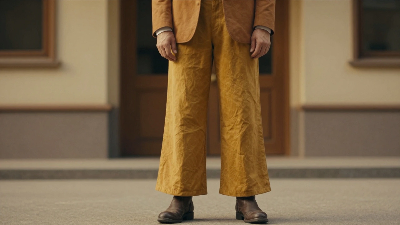 Мужчина в широких брюках и пиджаке с широкими плечами стоит перед архитектурой в стиле ретро-модерн.