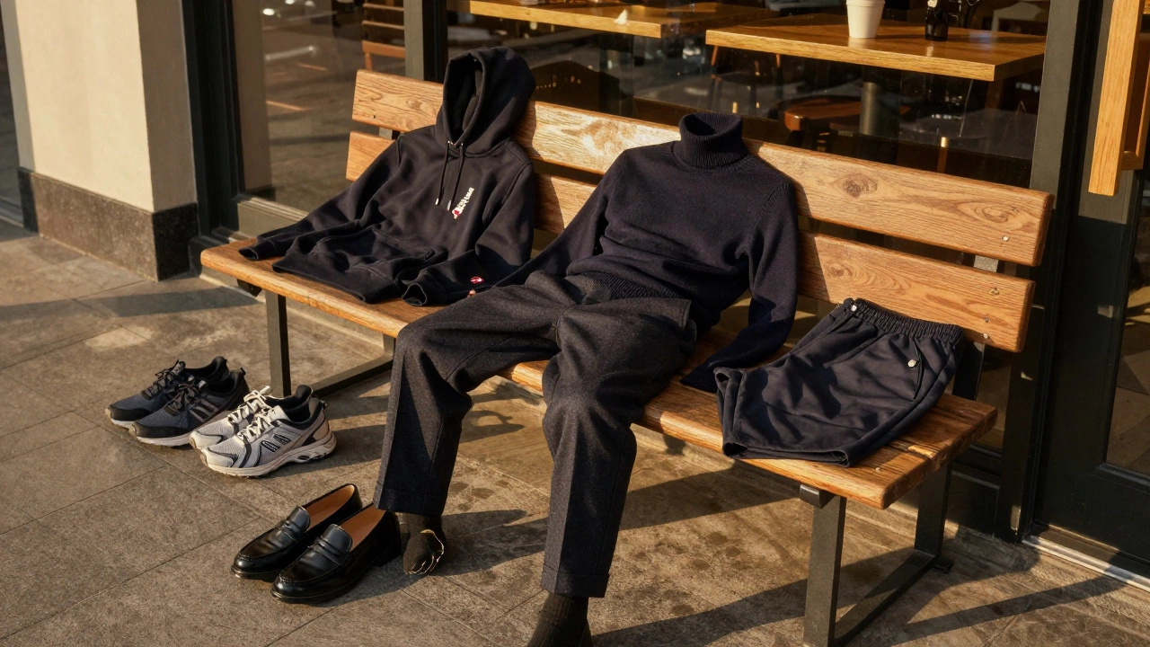 На деревянной скамье аккуратно сложены идеальные элементы мужского осеннего дресс-кода, рядом — запрещенная одежда.