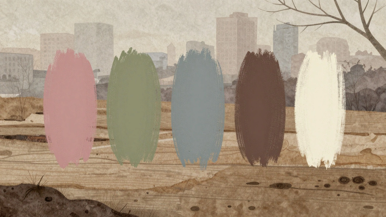 Пять приглушённых весенних цветов — пыльно-розовый, оливковый, серо-голубой, тёмно-коричневый и кремовый — на текстуре дерева и ткани.