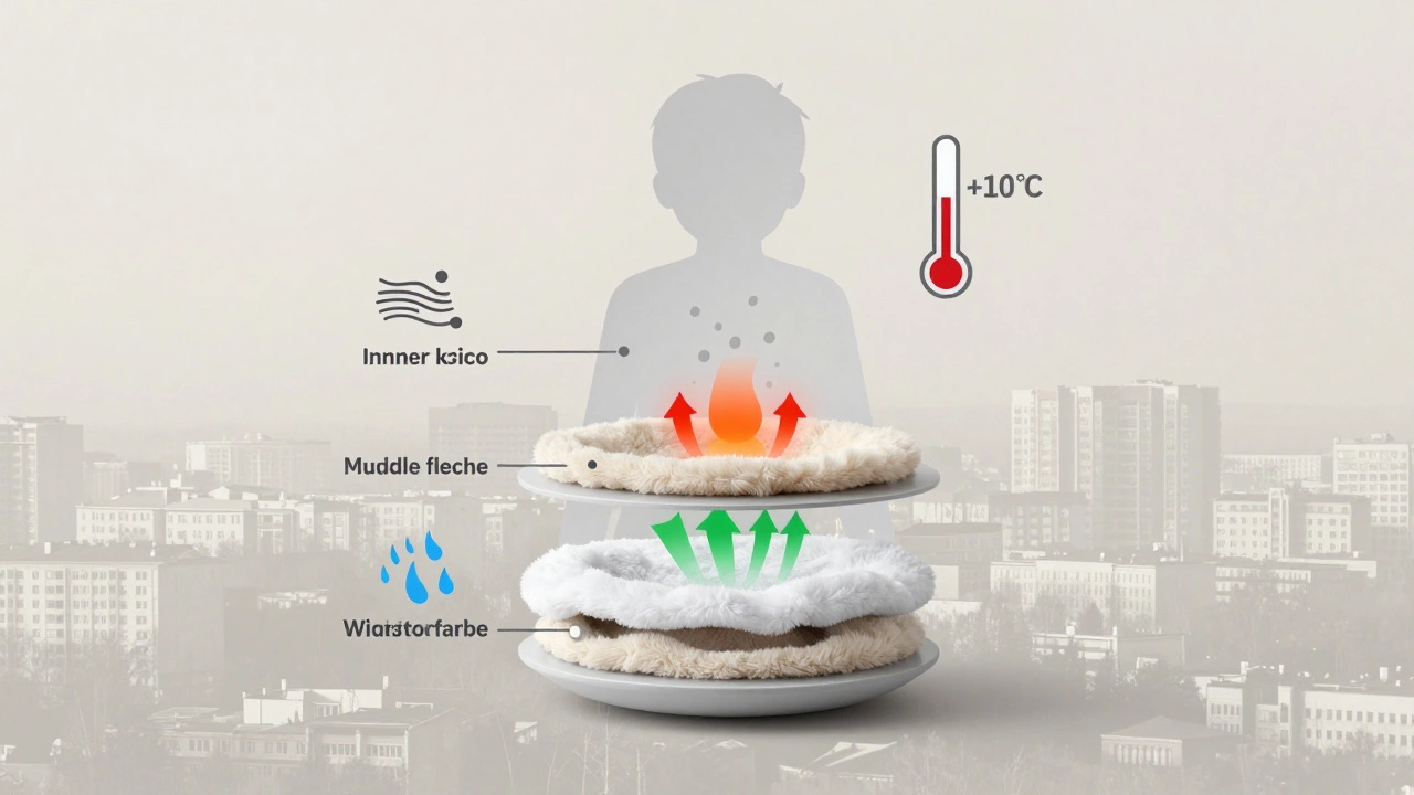 Прозрачный силуэт ребёнка с обозначенными тремя слоями одежды, вокруг — символы ветра, влаги и тепла.