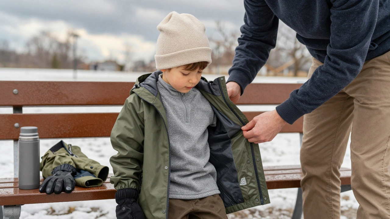 Родитель снимает с ребёнка ветровку в парке, видны термобельё и флис, на скамейке лежит запасная кофта.