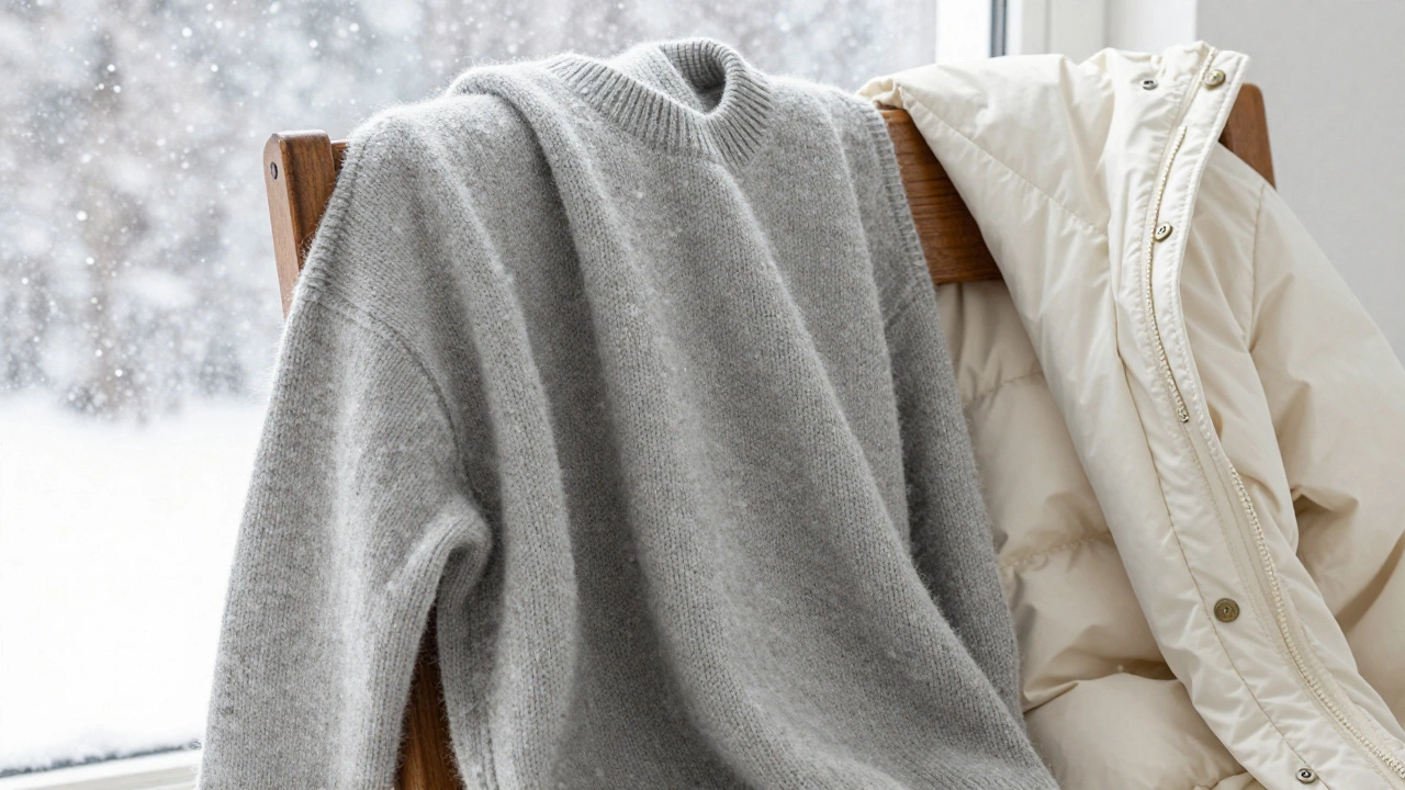 Шерсть мериноса и термолайт-куртка на деревянном стуле за окном с снегом.