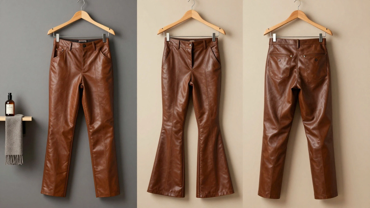 Три стиля кожаных брюк на деревянных вешалках: прямые, клёш и чинос.