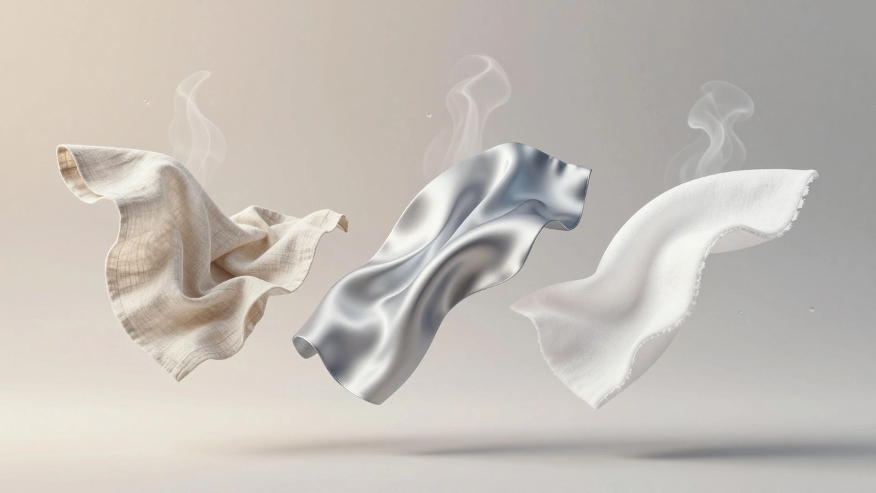 Три ткани — лен, тенсель и микрофибра — парят в воздухе, показывая дышащую структуру.