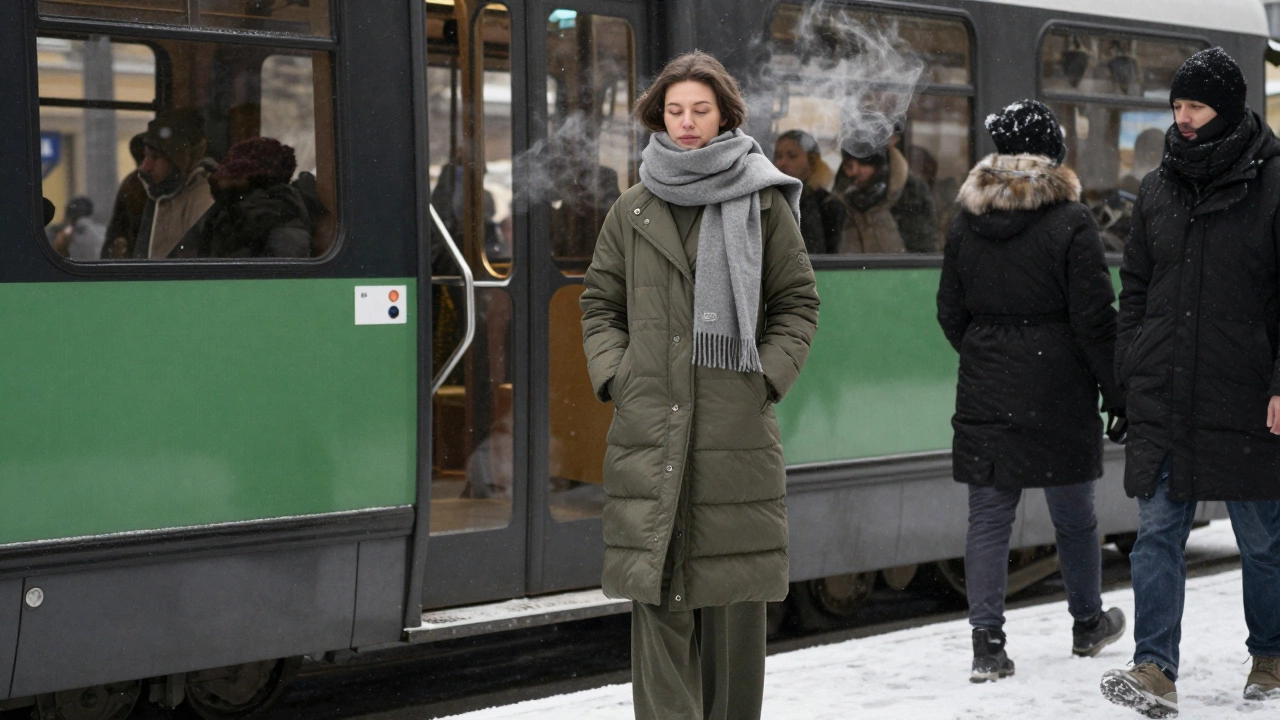 Женщина в пальто-пиджаке дымчато-оливкового цвета выходит из трамвая в Санкт-Петербурге, с брюками-клеш и шарфом, на снегу.