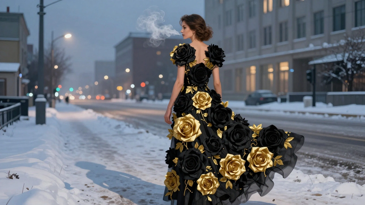 Женщина в платье с крупными черно-золотыми розами идет по зимней улице.