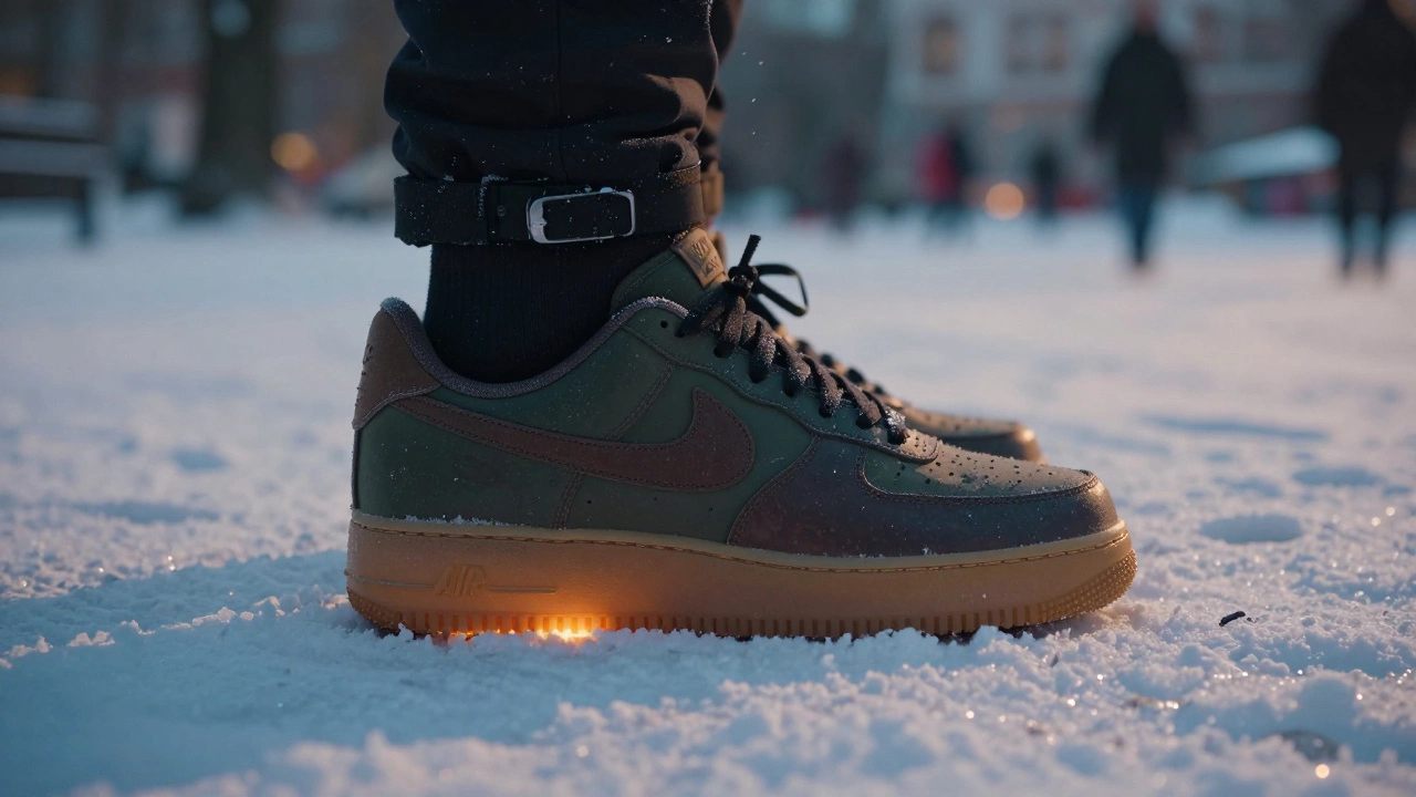 Зимние кроссовки Nike Air Force 1 Low Weatherized стоят в снегу, виден рифленый протектор и легкий тепловой блеск стельки.