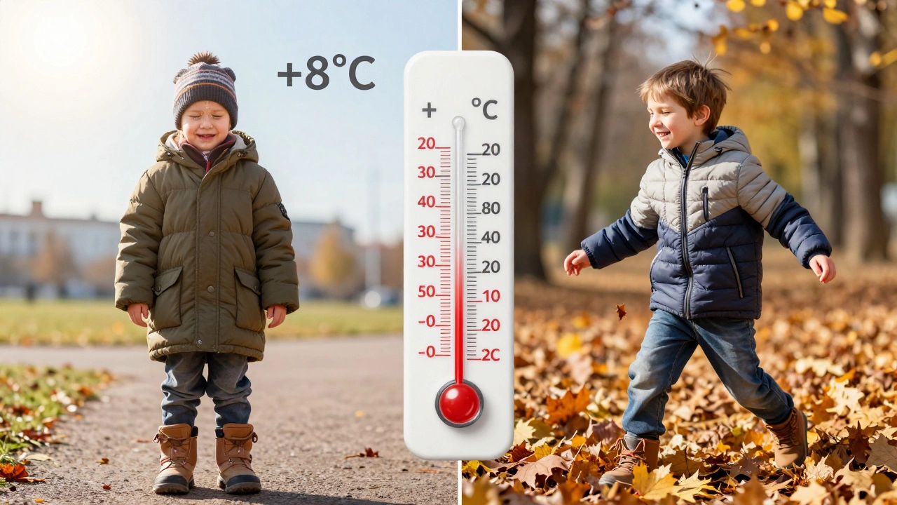 Два ребенка: один перегрет в зимней одежде, другой комфортно одет — сравнение осенней экипировки.