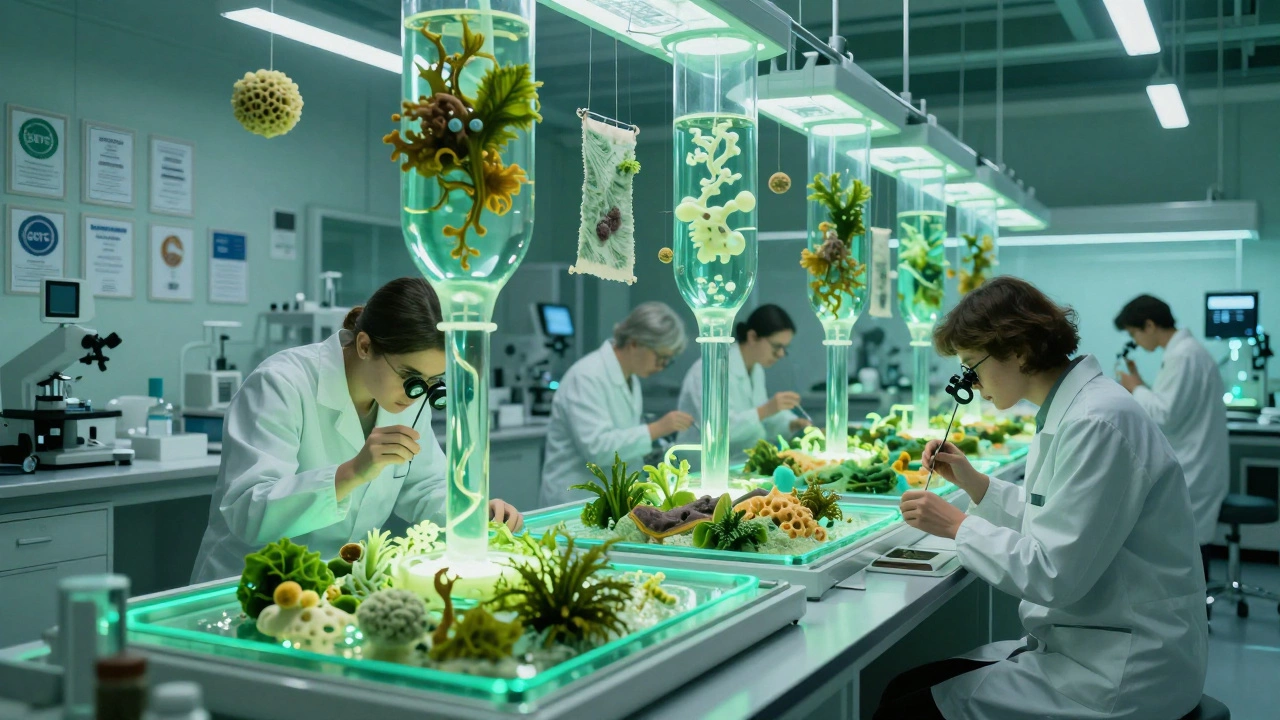 Лаборатория, где выращивают ткани из грибов и водорослей в прозрачных реакторах.