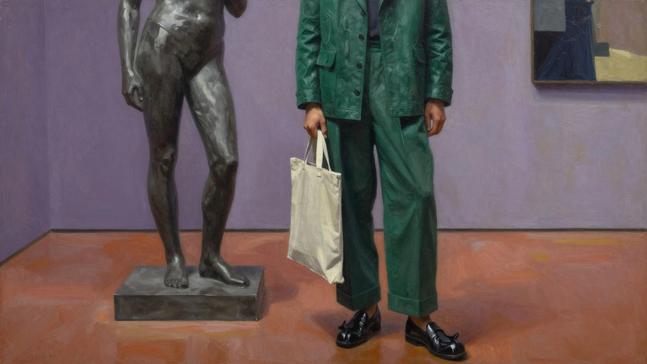 Мужчина в изумрудной куртке с геометрическими швами стоит в галерее рядом с скульптурой.