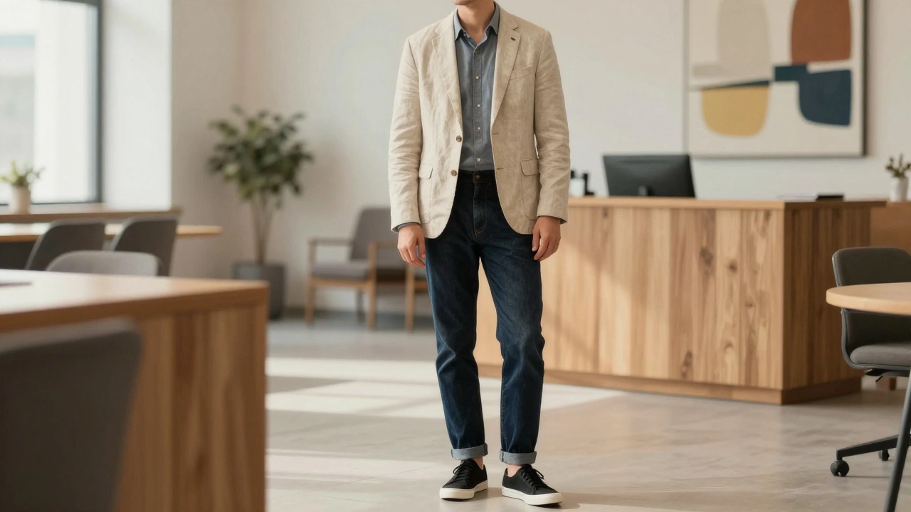 Мужчина в льняном пиджаке и джинсах стоит в офисном холле, на ногах тонкок sole кроссовки.