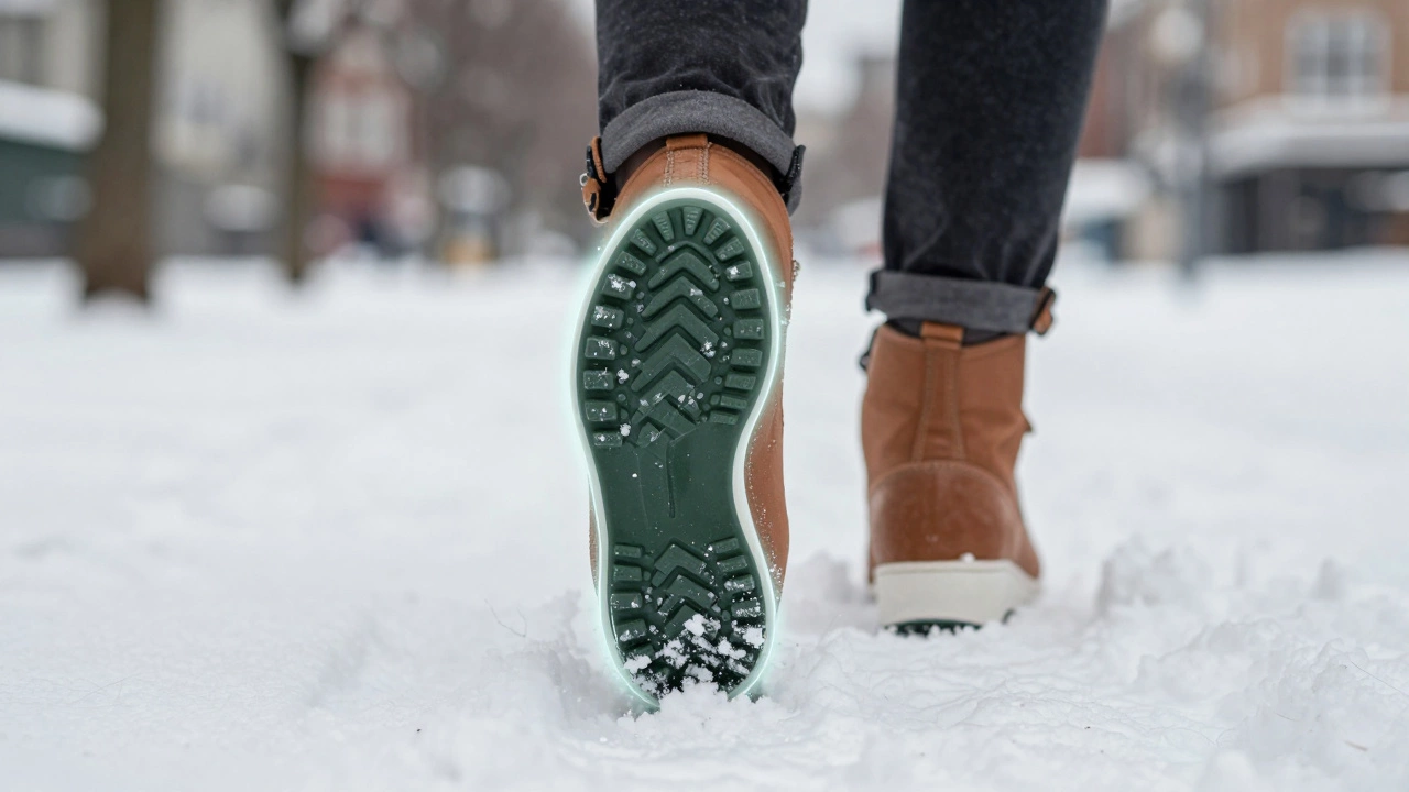 Отпечаток шага в снегу с видимым протектором подошвы, символизирующий устойчивость и технологии.