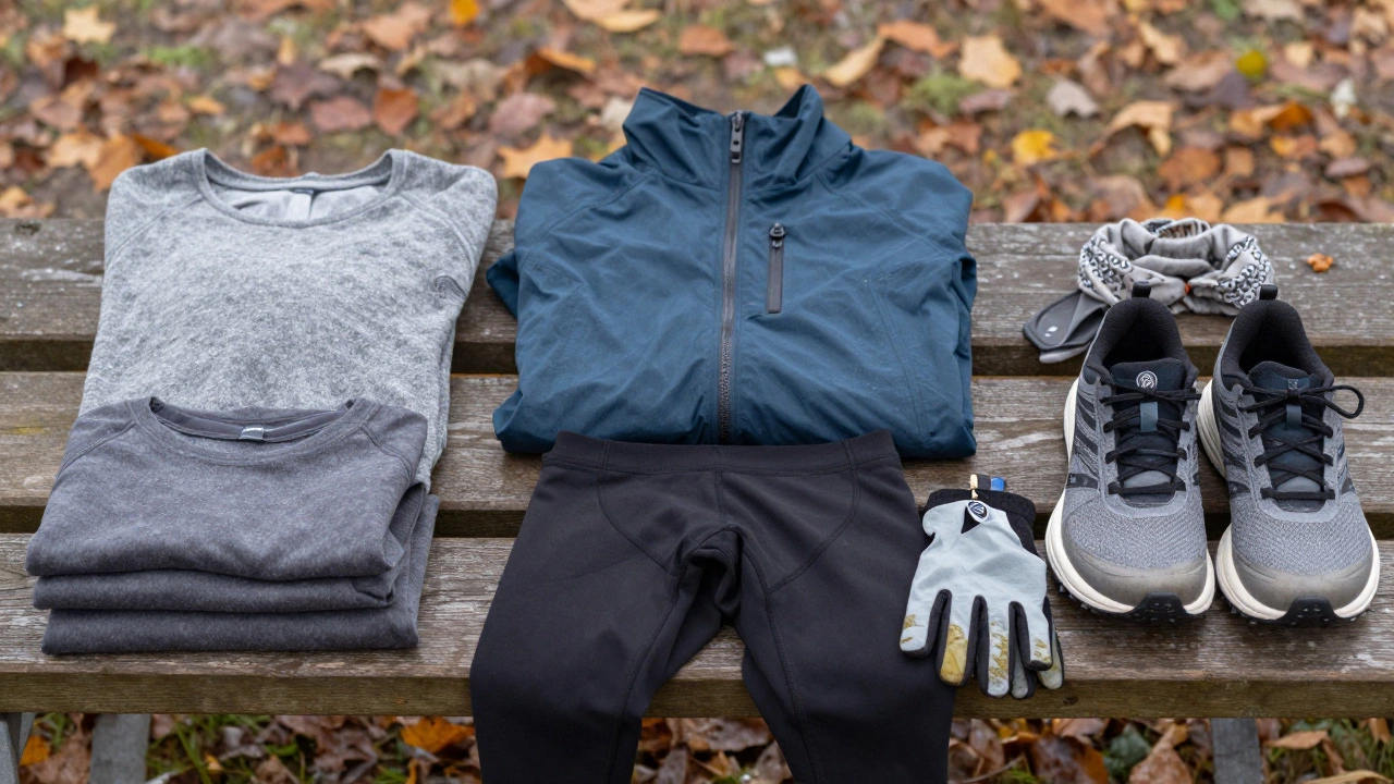 Разложенные на скамейке элементы экипировки для бега при +10°C: термобельё, флис, ветровка, штаны, кроссовки, перчатки и бандана.