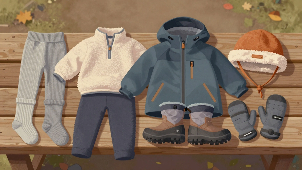 Разложенные слои детской осенней одежды: термобелье, флис, водонепроницаемая куртка, носки, шапка и перчатки.