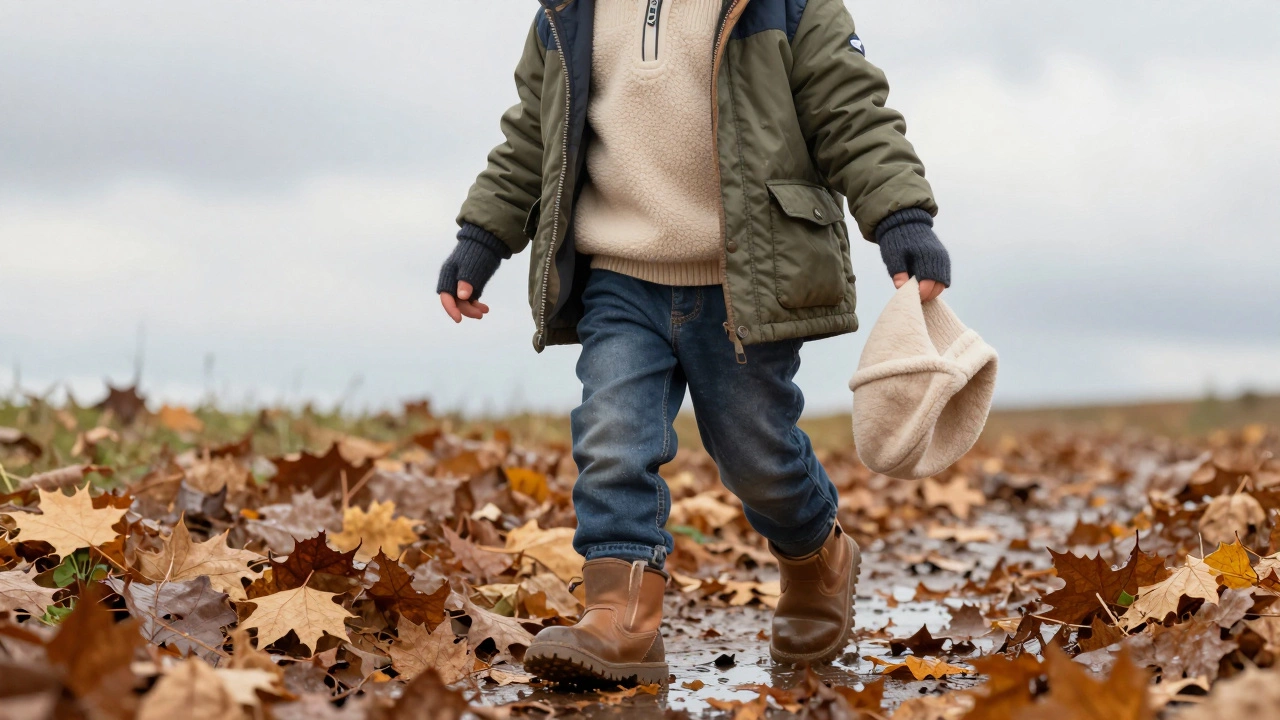 Ребенок в трехслойной осенней одежде играет в листьях с легкими ботинками и рукавичками.