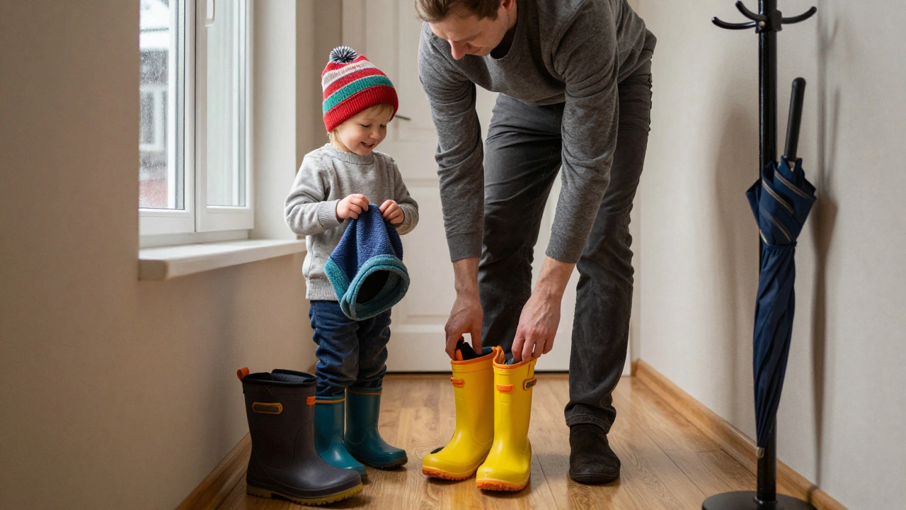 Родитель помогает ребёнку застегнуть ботинки с липучкой, рядом лежат две яркие шапки на выбор.