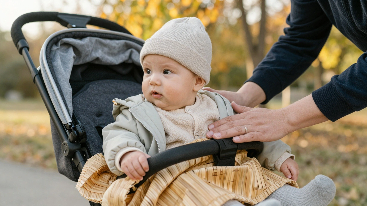 Родитель проверяет тепло ребёнка в коляске, на нём тонкая флисовая кофта и шапочка, рядом лёгкое одеяло.