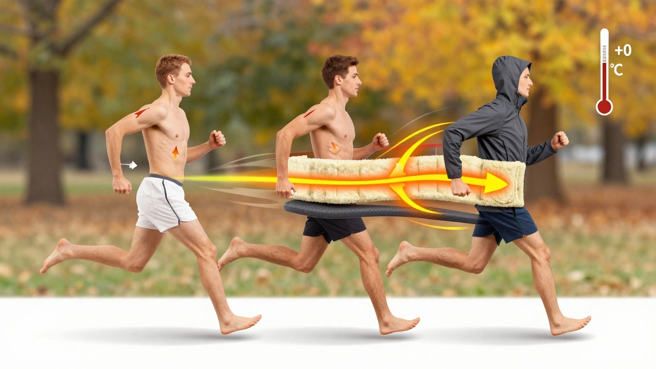 Схема трёх слоёв беговой одежды: влажный хлопок против эффективной системы отвода пота, фон — осенний парк.