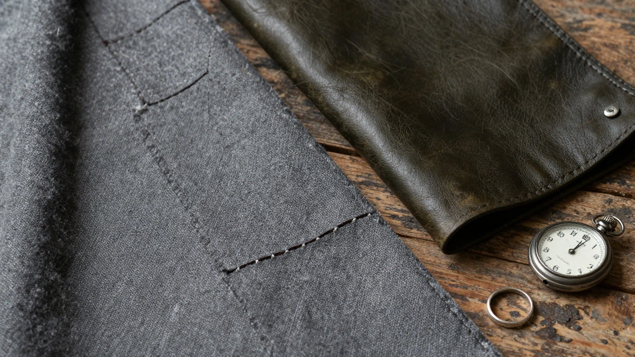 Текстуры тканей: шерсть с льном, матовая кожа и плотный хлопок на деревянной поверхности с часами и кольцом.