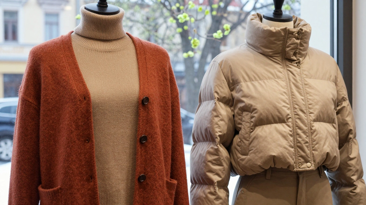 Три слоя весенней одежды: кофта, кардиган и пуховик на витрине магазина.
