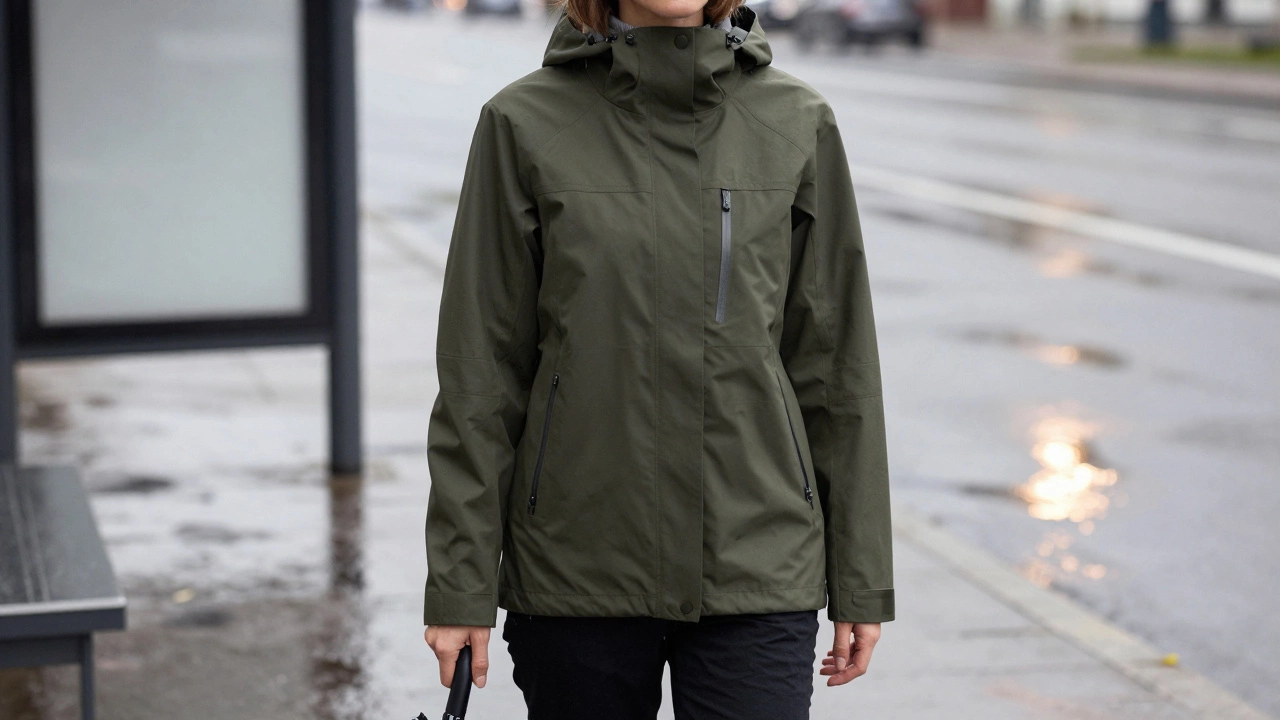 Женщина в минималистичной технической куртке стоит у остановки в дождь.