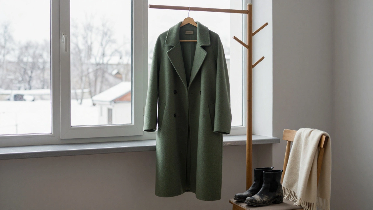 Длинное зеленое мха пальто висит на деревянной вешалке рядом с кремовым шарфом.