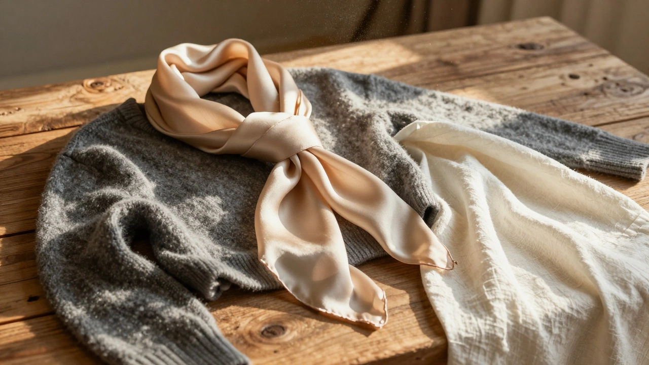 Кашемир, шелк и лен на деревянном столе в мягком освещении