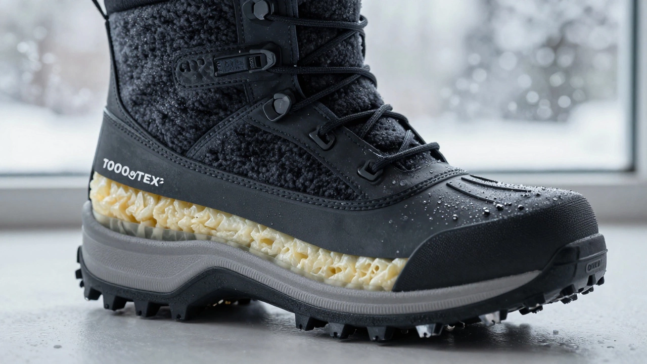 Кросс-секция зимней обуви: мембрана, утеплитель и протектор с шипами, показывающие технологию теплозащиты.