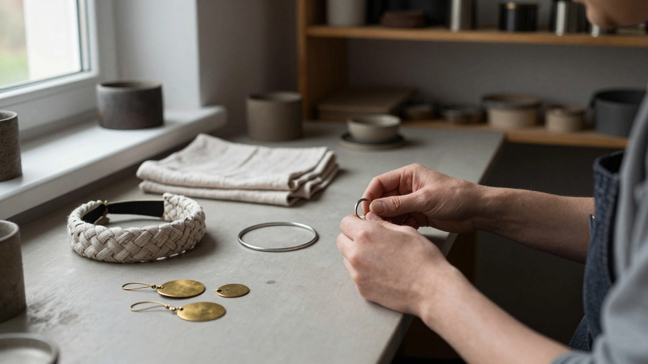 Мастер-ремесленник создает металлические кольца и шарфы в уютной мастерской с натуральным освещением.