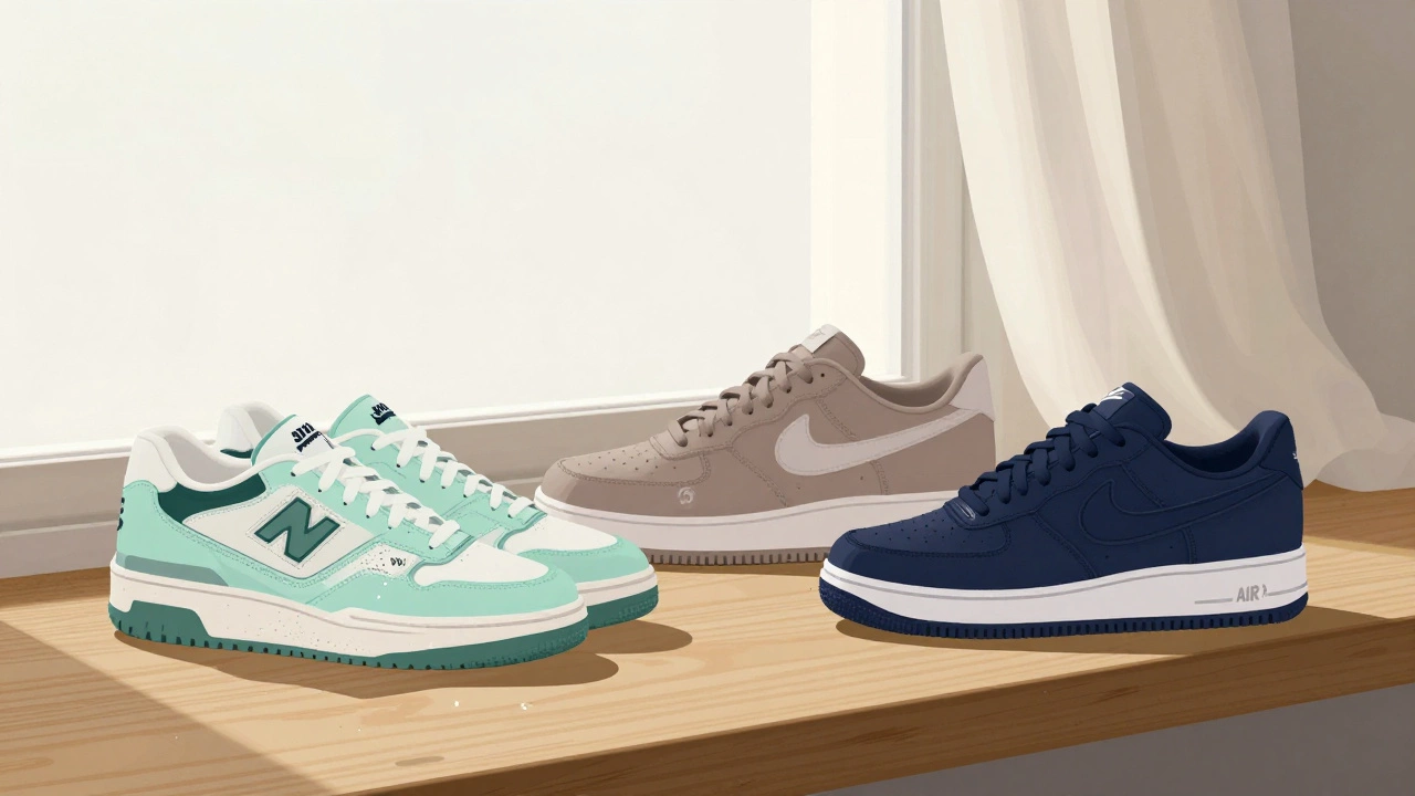 Минималистичная композиция трех модных кроссовок 2024 года на подоконнике с утренним светом.