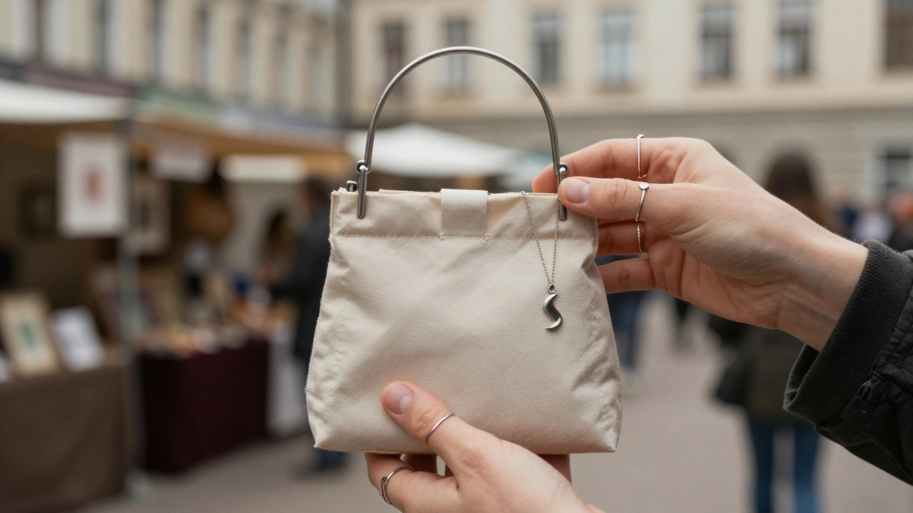 Минималистичная сумка из переработанного полиэстера с тонкими кольцами и кулоном в виде полумесяца.