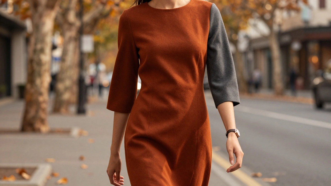 Модель идет по осенней улице в платье с рукавами три четверти и часами.