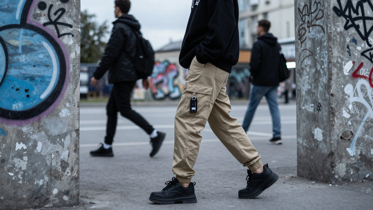 Модель в уличном стиле с карго-брюками и аксессуарами в городе