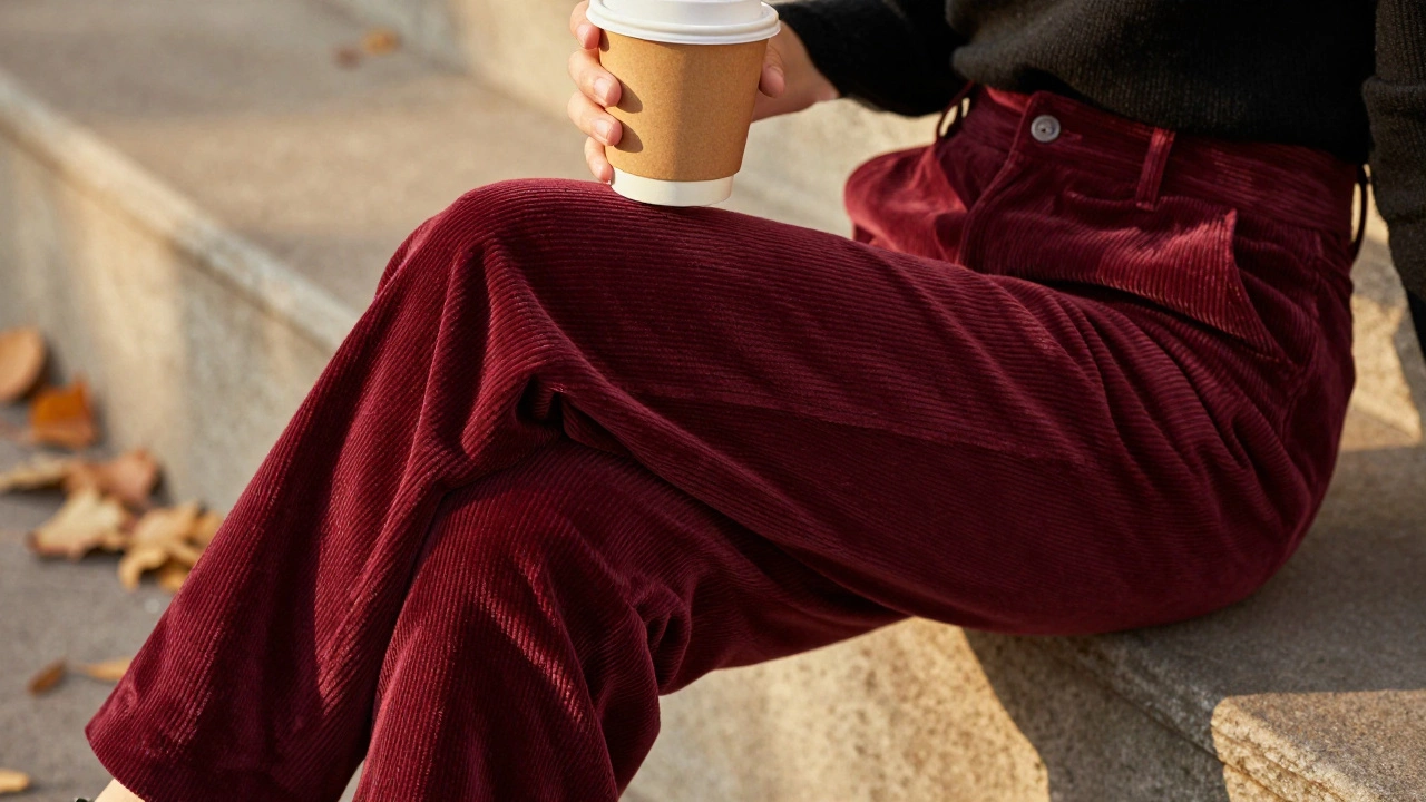 Модель в вельветовых брюках сидит среди осенних листьев