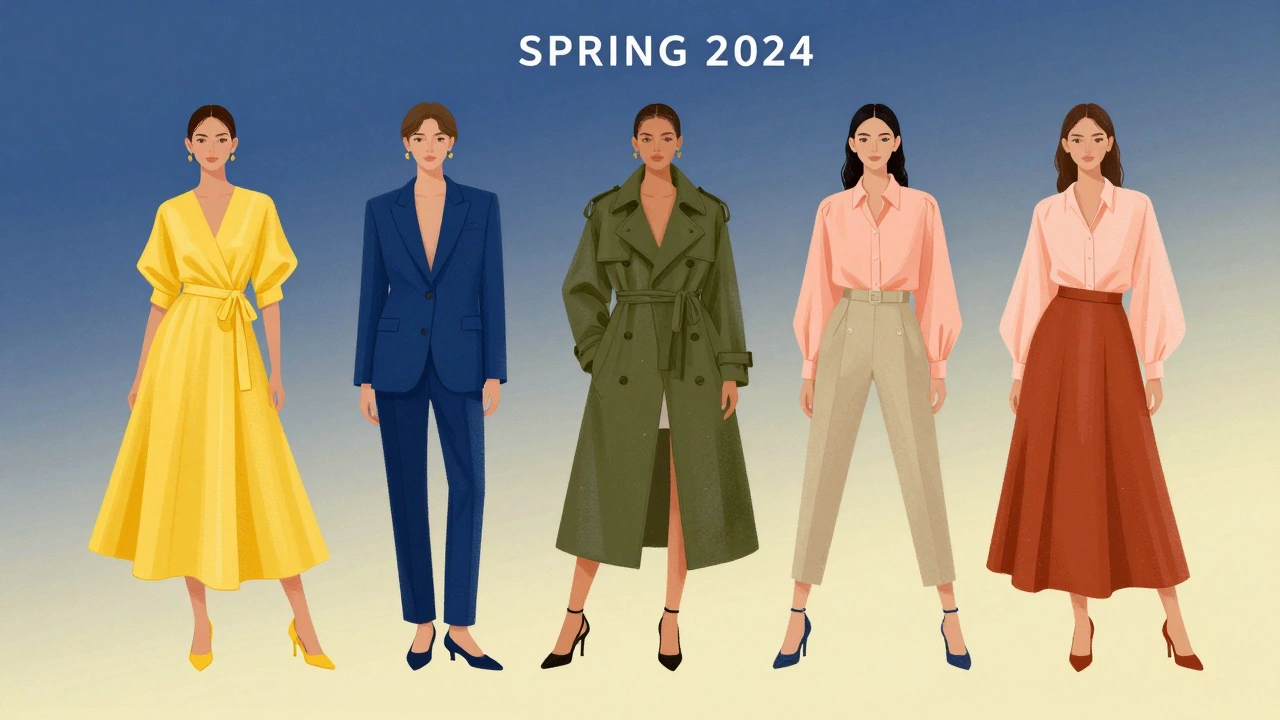 Модная коллекция весны 2024: пять ключевых цветов на подиуме в мягком освещении.