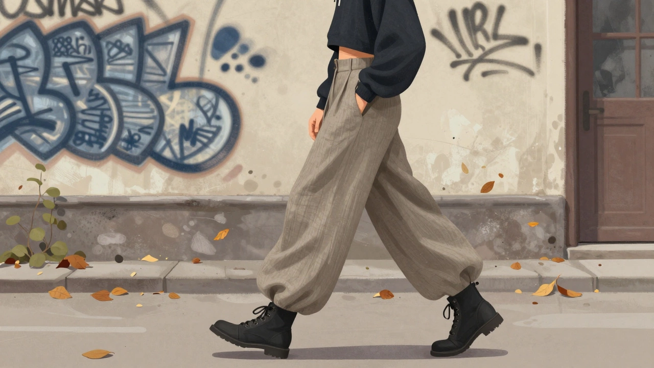 Молодой человек в широких брюках и укороченном худи, идущий во дворе с листьями вокруг.