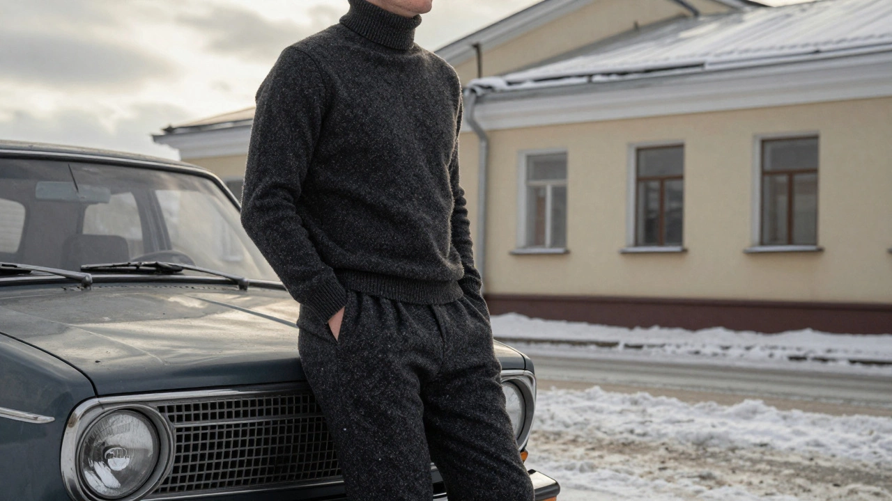 Мужчина в твидовых брюках и водолазке у старого автомобиля в Екатеринбурге, зимний свет.