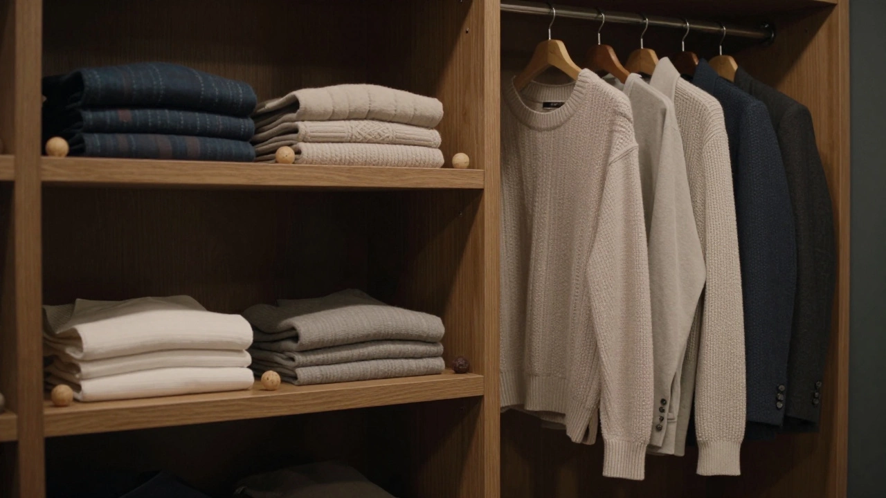 Организованный гардероб с одеждой на вешалках и кедровыми шарами