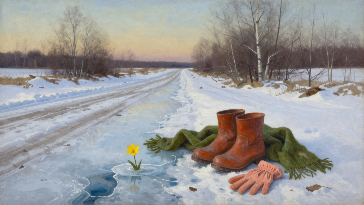 Первый желтый цветок пробивается сквозь снег рядом с весенними аксессуарами в российском пейзаже.