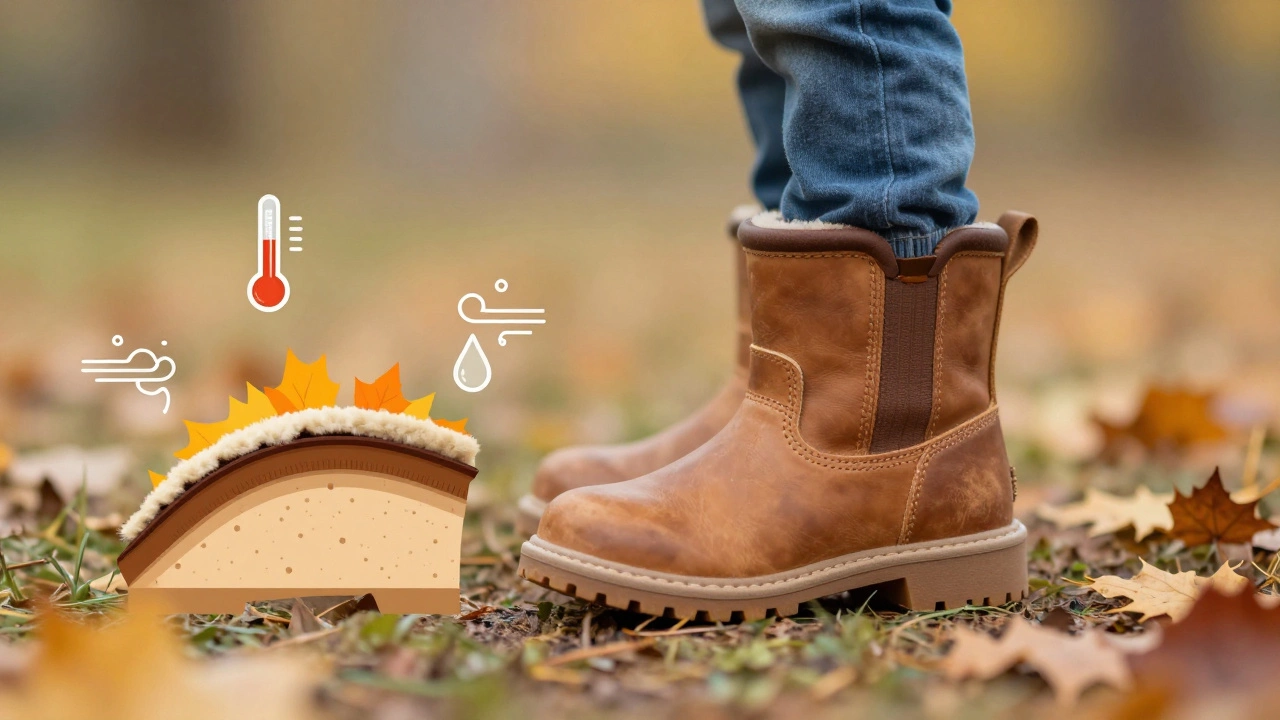 Разрез детской осенней обуви с натуральной кожей и протектором.