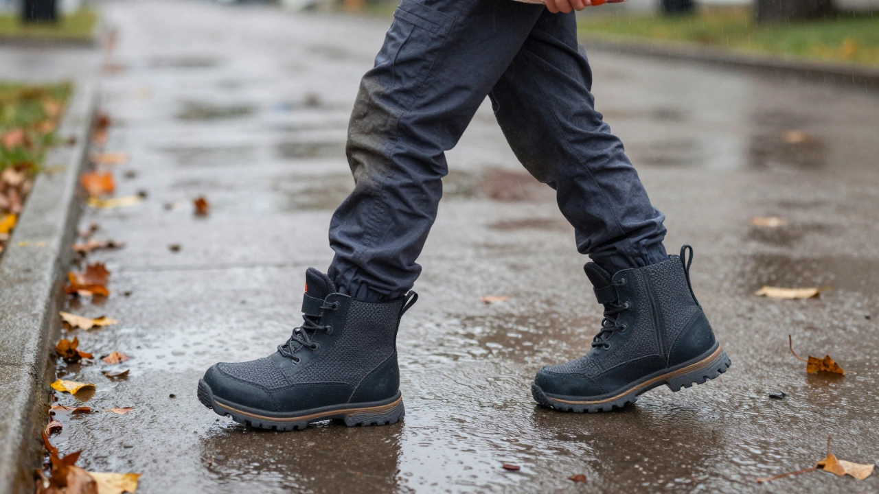 Ребёнок идёт по мокрой улице в качественных осенних ботинках.