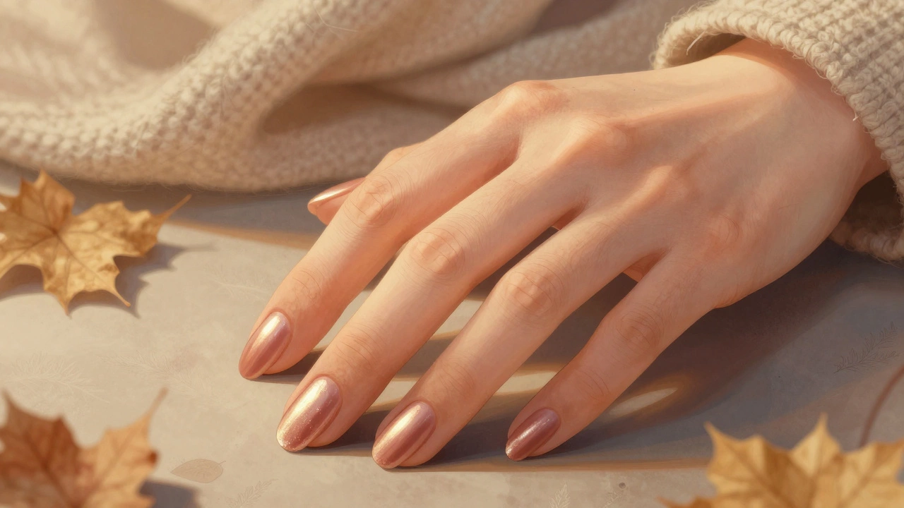 Рука с нежно-розовым лаком под тёплым светом, мягкие блики подчёркивают естественную текстуру кожи.