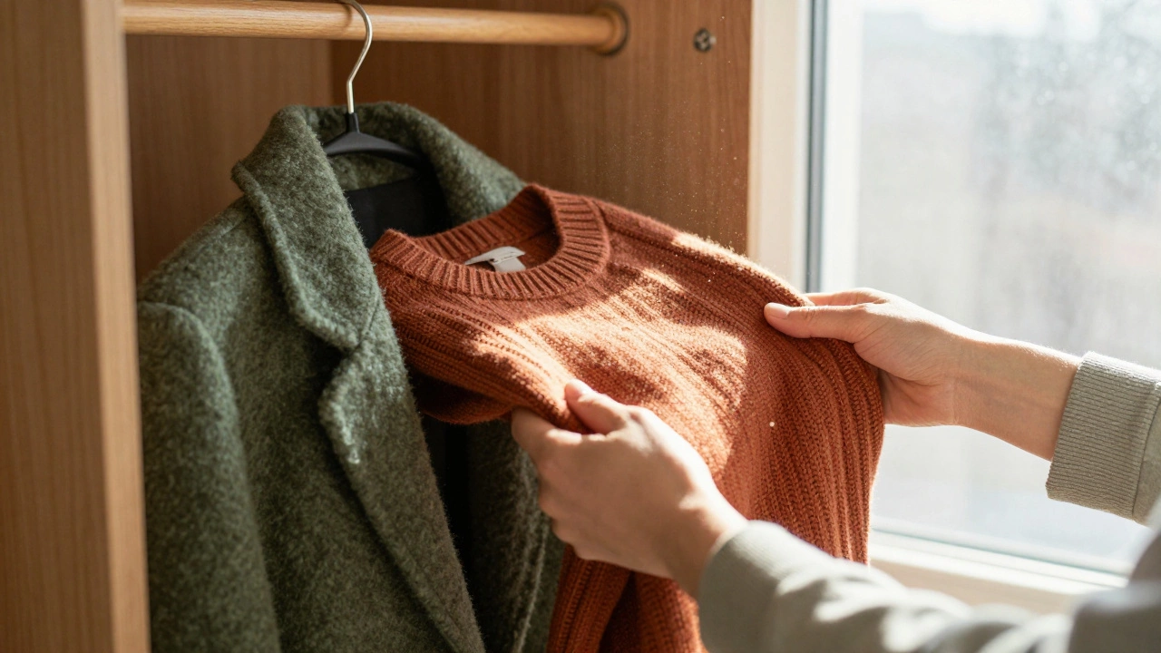 Руки складывают терракотовый свитер и зеленое мха пальто в минималистичном шкафу.