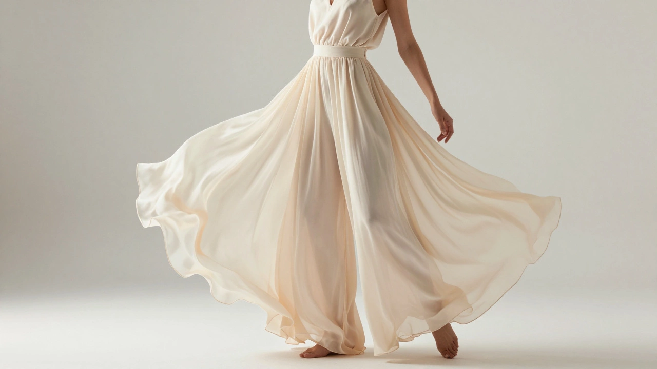 Широкие брюки палаццо в движении на фоне светлого интерьера