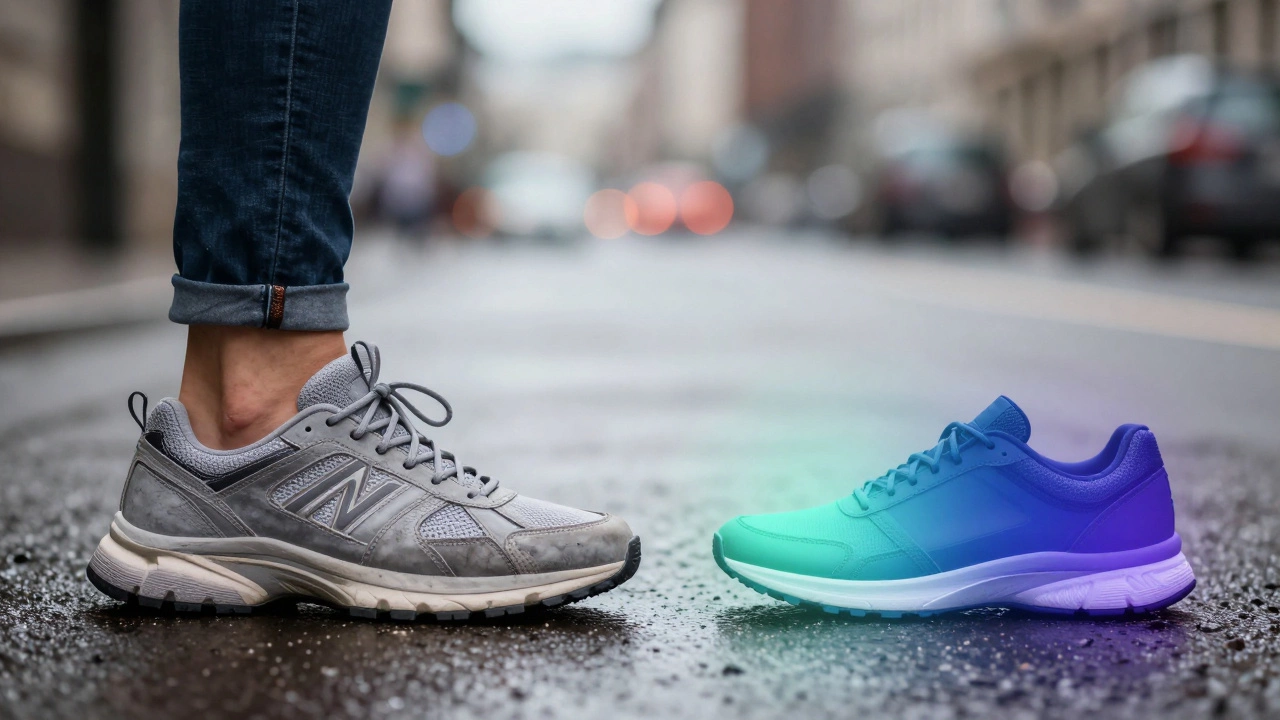 Сравнение старой и новой модели кроссовок: переход от громоздкой подошвы к элегантной форме.